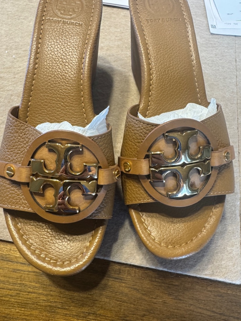 Tory Burch Tan Leather Logo Slide Mules with Gold-Tone Emblem